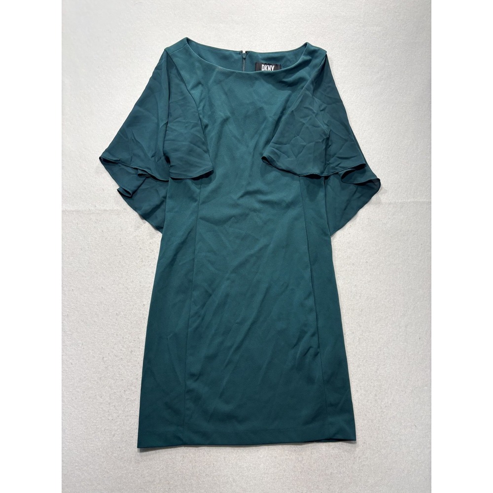 DKNY Dress Womens 10 Green Boat Neck Flutter Sleeve Sheath Knee Length Stretch